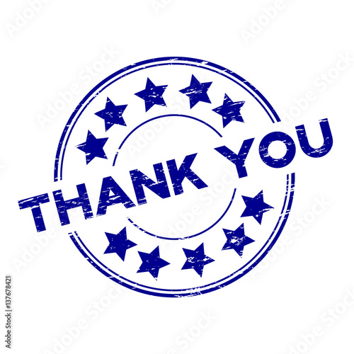 Grunge blue thank you with star icon round rubber stamp on white background