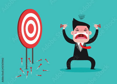 Businessman anger because not hits dartboard at a target, Vector Cartoon