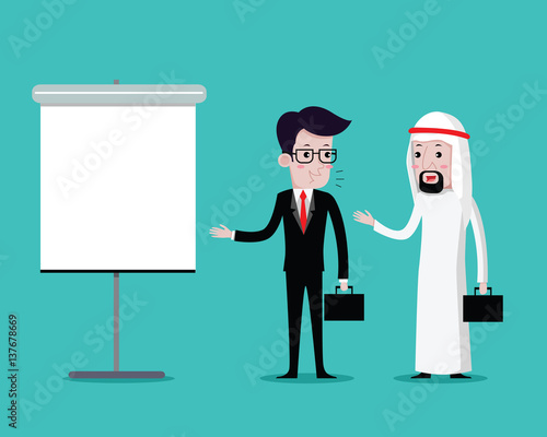 Man Business on presentation with Arabian businessman, vector cartoon