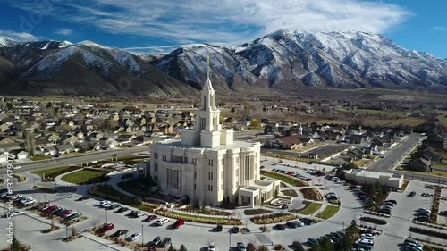 Aerial LDS Mormon Temple Payson Utah slide. The Church of Jesus Christ of Latter-day Saints, LDS or Mormon Church. International Christian religion. Membership of over 16 million. photo