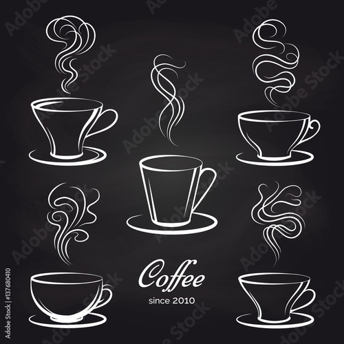 Coffee cups with smoke on blackboard background. Vector illustration