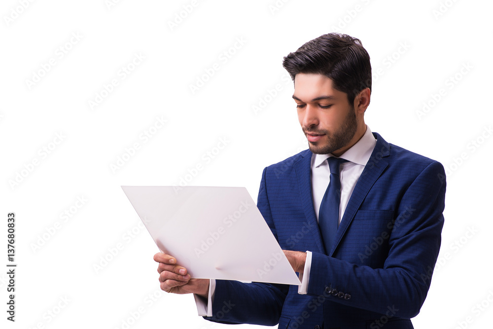 Businessman working on tablet isolated on the white background Businessman working on tablet isolated on the white background