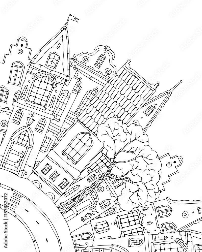 Pattern for coloring book with artistically house Magic