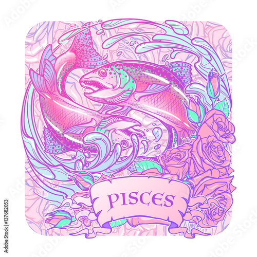 Zodiac sign - Pisces. Two fishes jumping from the water. Circle composition, decorative frame of roses. Vintage art nouveau style concept art for horoscope, tattoo or colouring book. EPS10 vector