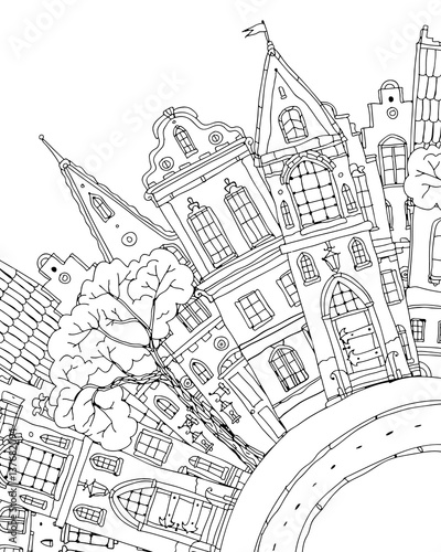 Pattern for coloring book with artistically house Magic