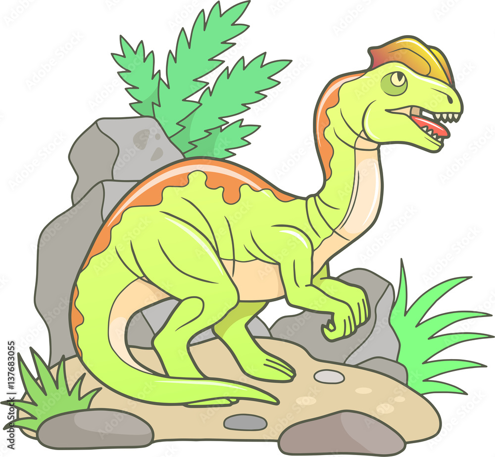 Obraz premium cartoon predatory Dilophosaurus, linear illustration. 
