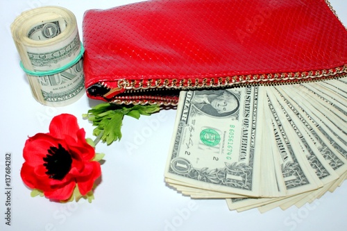  dollar bills in a red woman's purse