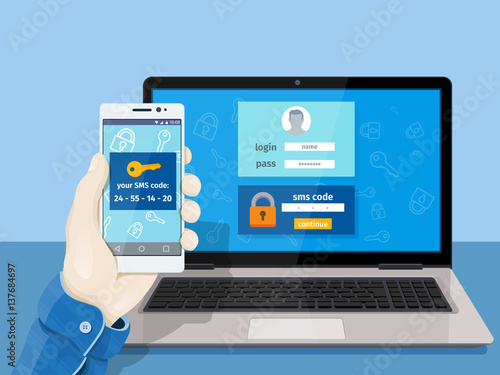 Flat man sitting at desktop and getting access to the website. 2-step authentication SMS code password concept. A man is sitting at a laptop with a mobile phone in his hand.