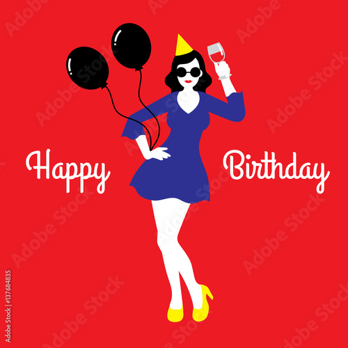 Happy birthday vector illustrationcard with  woman wearing party dress