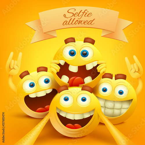 Yellow smiley emoji faces characters making selfie