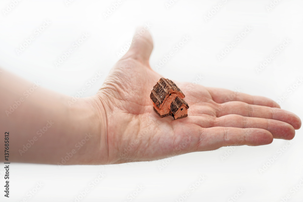 Small decorative house on mans palm. Small decorative house on mans palm.