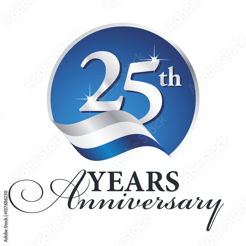 Anniversary 25 th years celebrating logo silver white blue ribbon background
