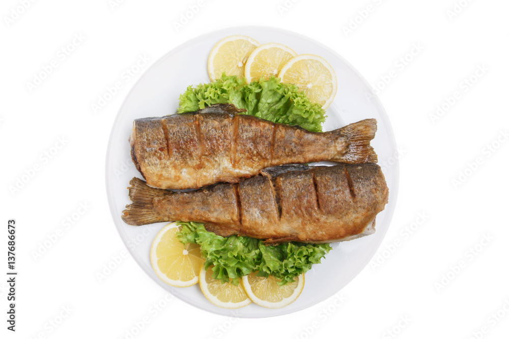 fried whole trout traditional Georgian dish white background top view fried whole trout traditional Georgian dish white background top view