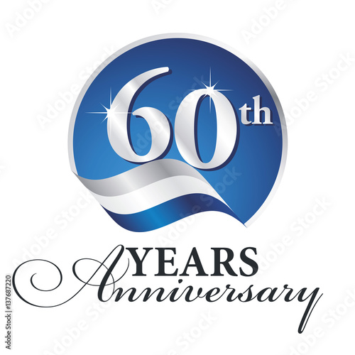 Anniversary 60 th years celebrating logo silver white blue ribbon background