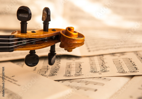Old violin lying on the sheet of music