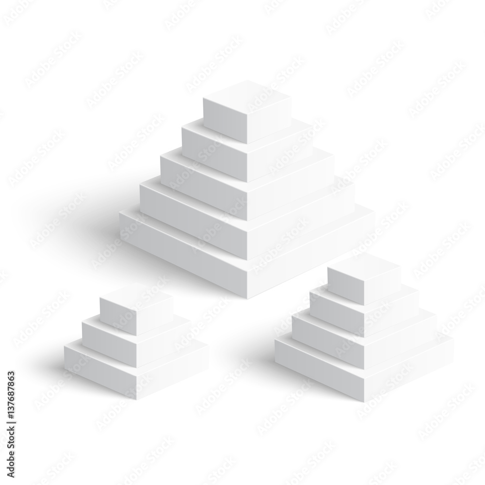 Fototapeta premium Set of white square pyramids on white background