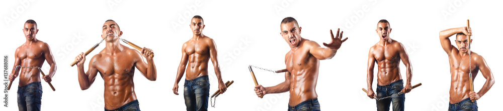 Martial arts warrior with nunchucks on white Martial arts warrior with nunchucks on white