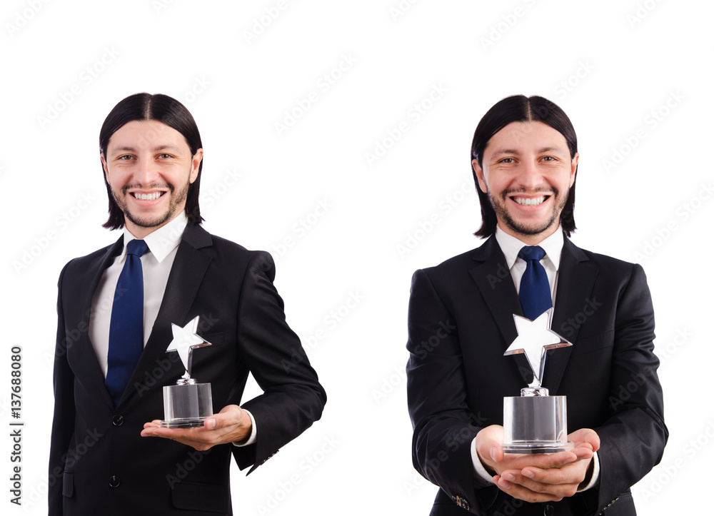 Businessman with star award isolated on white