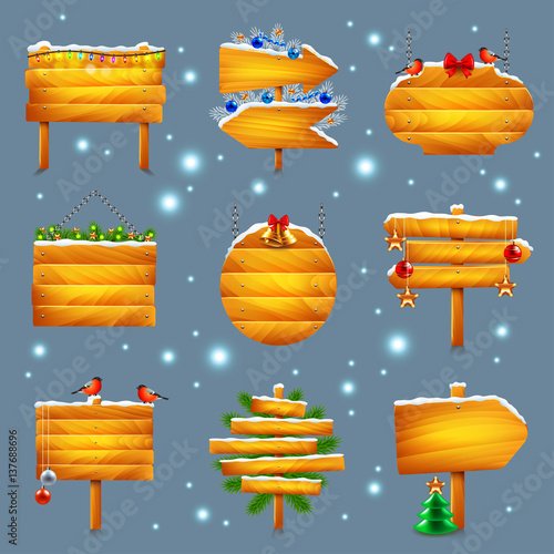 Christmas wooden signs vector set
