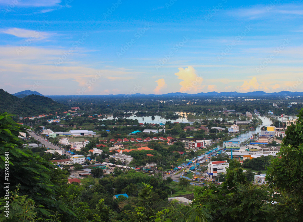 The view from the hilltop down to the city. Uthai Thani,Thailand