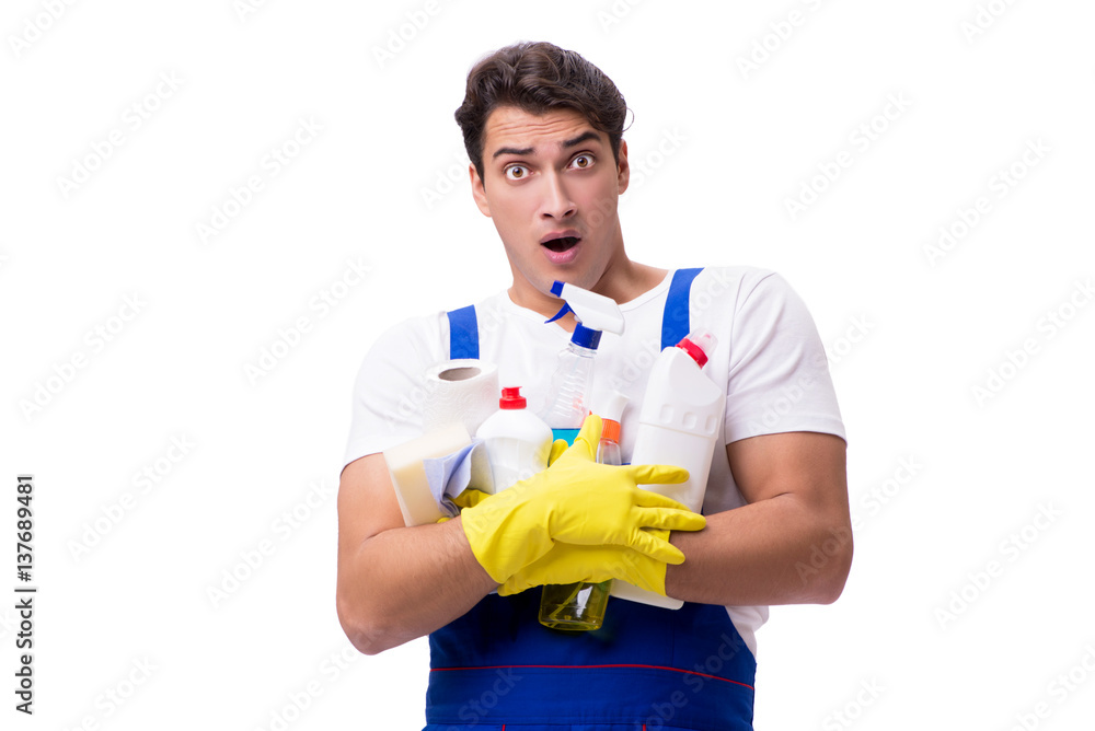Man with cleaning agents isolated on white background Man with cleaning agents isolated on white background