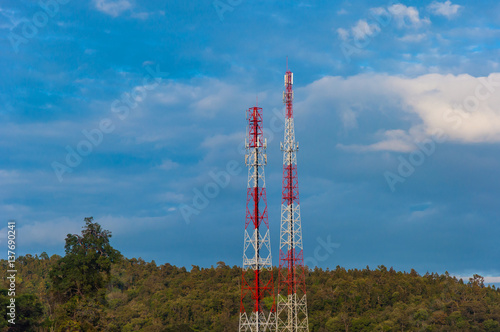 Telecom Tower on the mountain with blue sky background