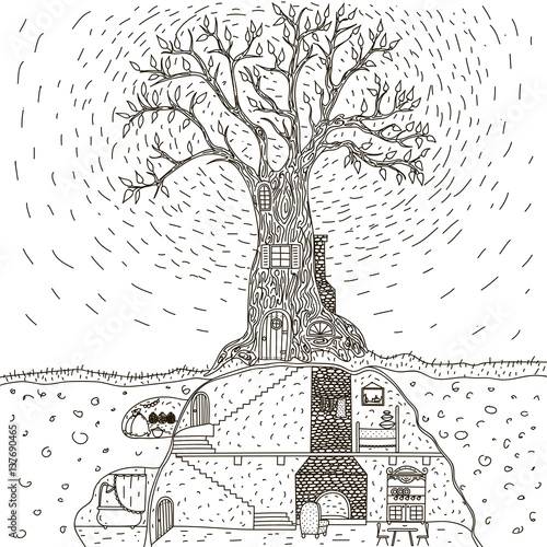 Magic Tree house. Hand drawing isolated objects on white background. Vector illustration.