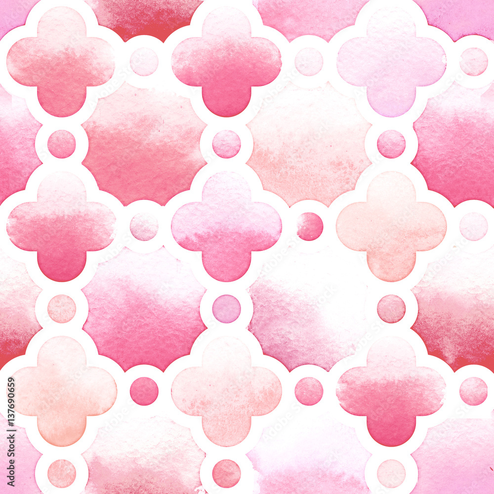Geometric ornament of pink colors with quatrefoil and circle on white background. Watercolor seamless pattern