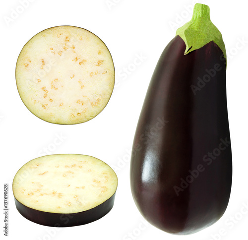 Set of fresh whole eggplant and slices. Aubergine isolated on white background.