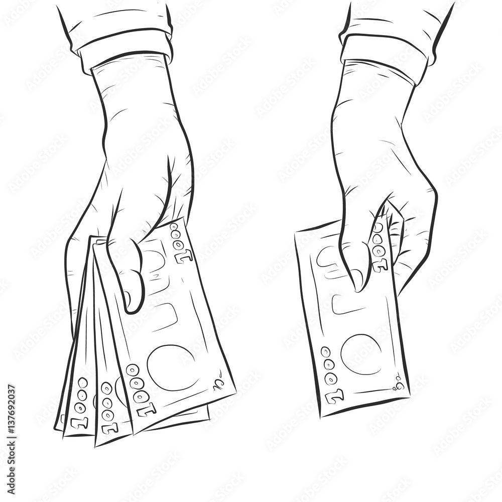 Hand holding money vector on halftone background.Hand with money sketch