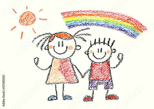 Happy boy and girl with rainbow Crayon illustration isolated on white background