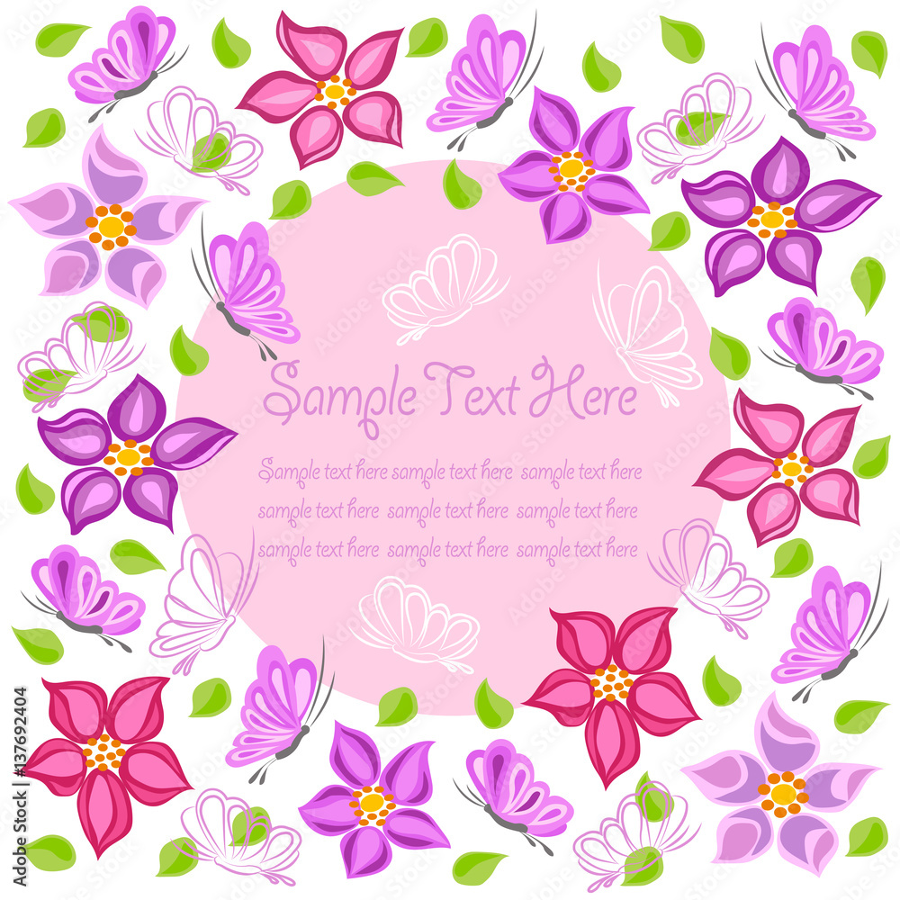 Floral card with butterflies and space for text, decorated with colorful flowers and green leaves