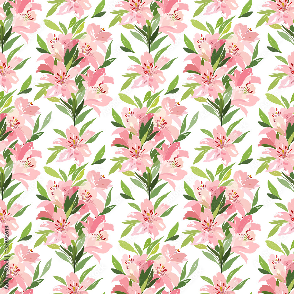 Seamless pattern with a bouquet of pink lilies, floral ornament. Seamless pattern with a bouquet of pink lilies, floral ornament.