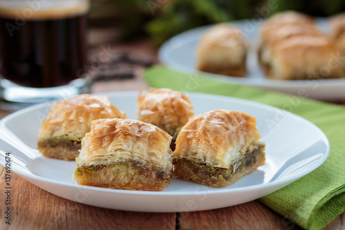 Baklava on the white plate