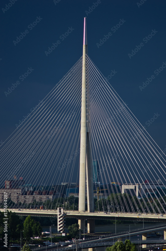 Cable bridge against dark blue sky in Belgrade, Serbia Cable bridge against dark blue sky in Belgrade, Serbia