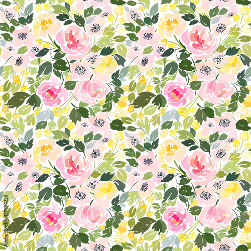 Seamless pattern with peonies, roses and small flowers with foliage, floral design in bright colors.