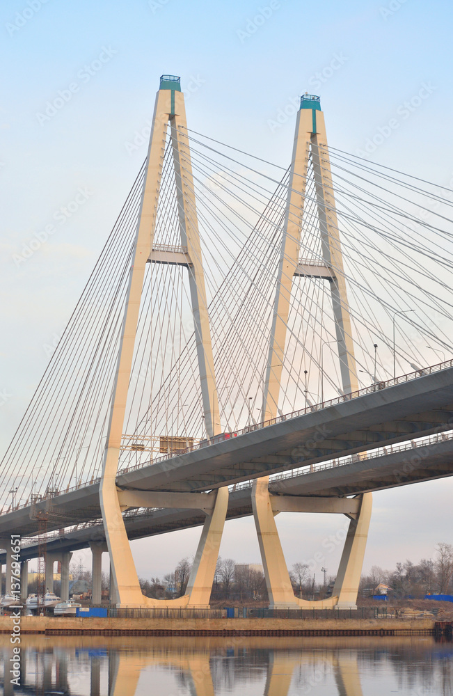 Cable stayed bridge and Neva river.