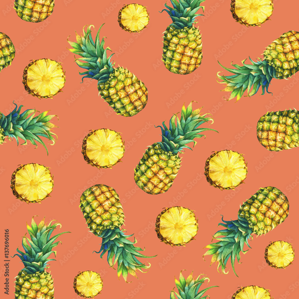 The seamless pattern of of fresh fruit pineapple with green leaves. Hand drawn watercolor painting on orange background. The seamless pattern of of fresh fruit pineapple with green leaves. Hand drawn watercolor painting on orange background.