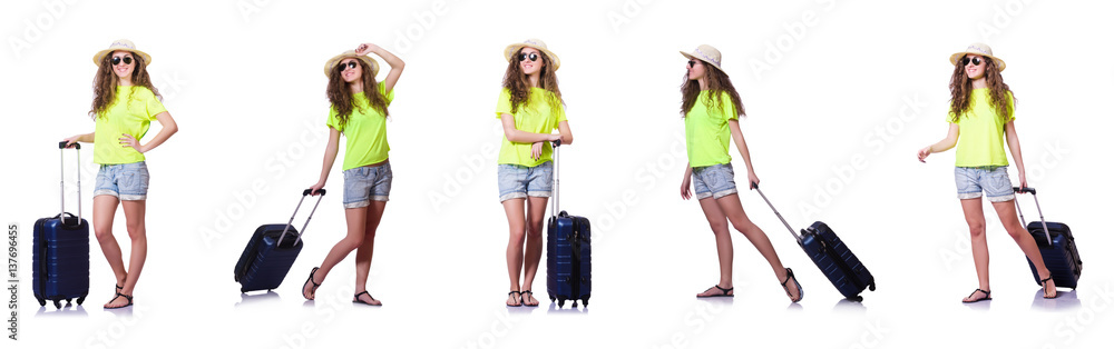 Young woman with suitcase isolated on white Young woman with suitcase isolated on white