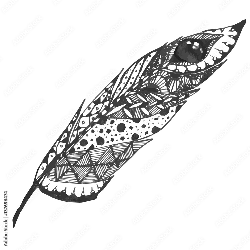 Hand drawn doodle zentangle feather isolated from background. Black and ...