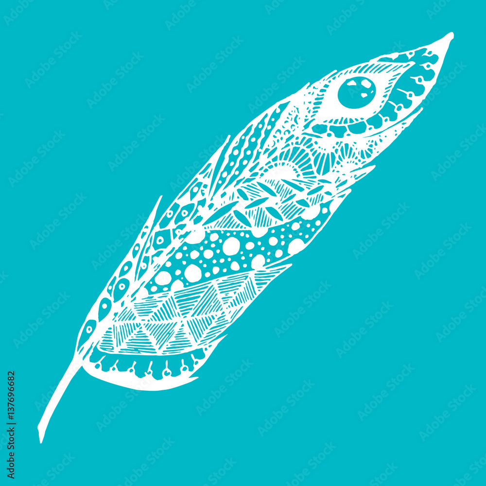 Hand drawn doodle zentangle feather isolated from background. Blue and ...