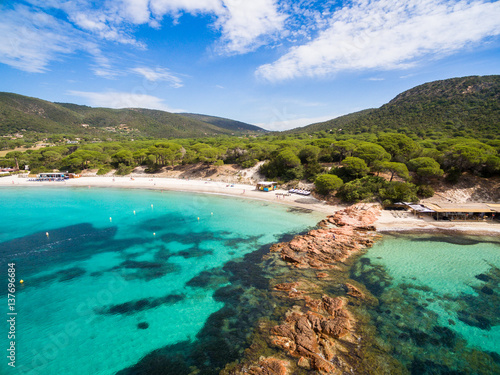 Fototapeta Naklejka Na Ścianę i Meble -  Aerial view of Palombaggia beach in Corsica Island in France