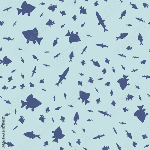 Seamless pattern of different fish in different sizes, floating in a chaotic manner. Vector illustration.