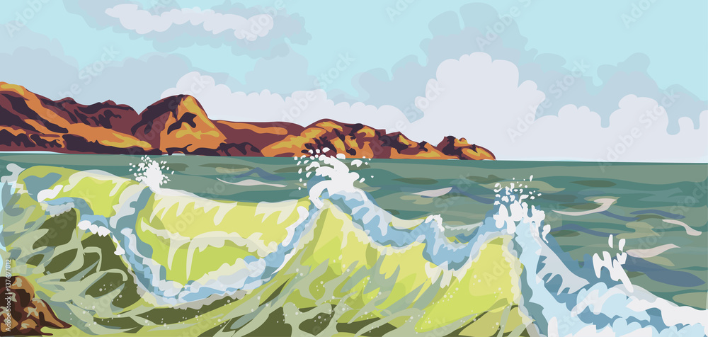 Seascape painting. Sea rocky shore and waves background. Vector