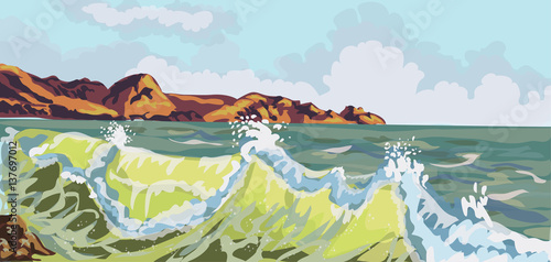 Seascape Artistic Painting. Sea rocky shore and Waves Background. Vector
