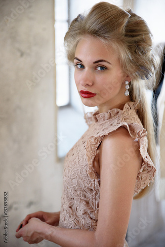 Beautiful model blond, blue eyes, red lipstick © katrina.art