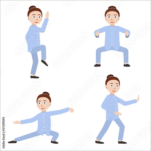 Girl performing qigong or taijiquan excercises. Woman practicing Tai Chi. Flat style. Vector illustration.