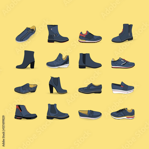 Set with different types of trend shoes, vector, illustration,
