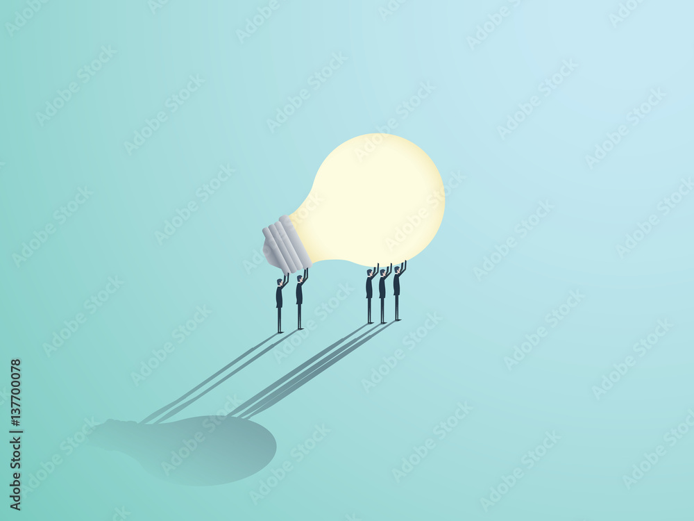 Group of businessmen carrying a lightbulb. Vector symbol of business creativity, innovation and brainstorming. - obrazy, fototapety, plakaty 