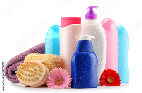 Plastic bottles of body care and beauty products